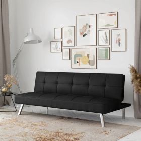 Modern Futon Sofa Bed in Black Fabric with Chrome Metal Legs