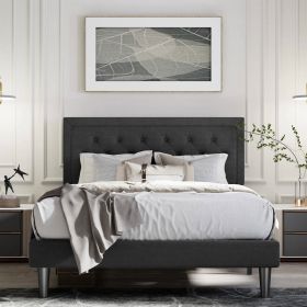 Queen Black Linen Upholstered Platform Bed Frame with Button-Tufted Headboard