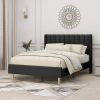 Full size Mid-Century Black Linen Platform Bed Frame with Upholstered Headboard
