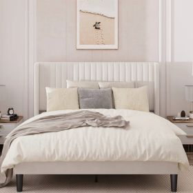 Full size White Velvet Upholstered Platform Bed Frame with Wingback Headboard