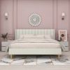 King Mid-Century Platform Bed Frame with Cream Velvet Upholstered Headboard