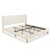King Mid-Century Platform Bed Frame with Cream Velvet Upholstered Headboard
