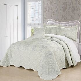 Queen size Antique White Damask Embroidered 4 Piece Oversized Bedspread Set