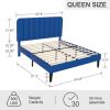 Queen size Blue Upholstered Platform Bed Frame with Headboard
