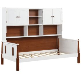 Twin size Vintage White Walnut Daybed with Bookcase Storage Cabinet Headboard