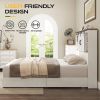 King - White Sliding Barn Door Bookcase Wooden Platform Bed Storage Drawers