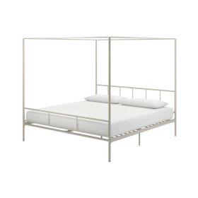 King size Modern Metal Canopy Bed Frame with Headboard and Footboard in White